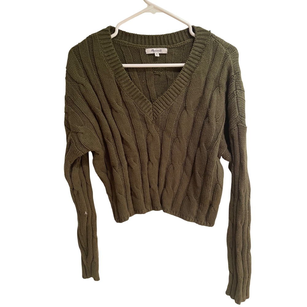 Madewell Womens Olive Green Cable Knit V-Neck Cropped Sweater Size M
